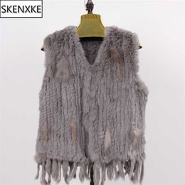 Lady Knitted Genuine Rabbit Fur Vests 100% Natural Gilets Women Winter Knit Tassel Sleeveless Jackets 211220