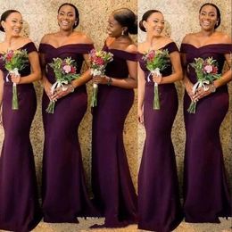 2021 New Grape Regency African Off The Shoulder Satin Long Bridesmaid Dresses Ruched Sweep Train Wedding Guest Formal Maid Of Honor Dresses