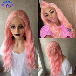 13X3 Pink Colour Synthetic Lace Frontal Wig Middle Part Long Water Wave Cosplay Wigs For Black / White Women