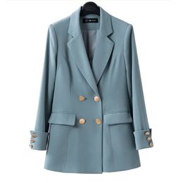 Temperament Korean Style Casual Women Elegant Long Sleeve Double Breasted Blazer Suits Solid Office Ladies Formal 211122