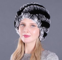 Rabbit Winter Fur Hat for Women Russian Real Fur Knitted Cap Headgea Warm Beanie Hats GC657