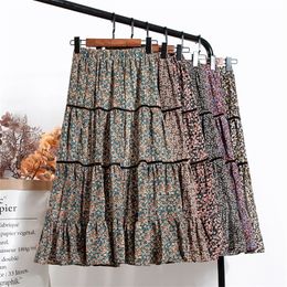 Korean Style Spring Floral Printing A-line Long Boho Skirts Elastic Waist Paragraph Patchwork Pleated Skirts 210311