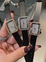Brand Genuine Leather Watch Luxury Premiere Mini Wrist Watch Full CZ Rectangle Quartz Wristwatch Clock Women BoyFriend Watches