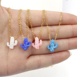 Handmade Opal Crystal Blue Cactus Pendant Necklaces Resin Plant Jewellery for Women Girlfriend Lovely Cactus Minimalism Necklace