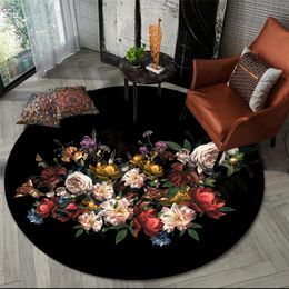 European Style Retro Floral Black Carpet Round For Bedroom Area Rug Beside Coffee Table Living Room Chair Floor Mat Bedside Mat 210301