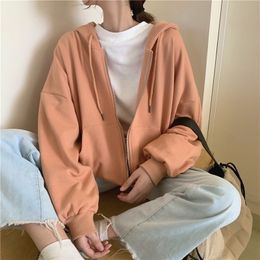 Hoodies Women Zip-up Turn-down Collar Printed Pocket Long Sleeve Korean Style New Trendy Casual BF Ulzzang Harajuku Womens Daily 201030