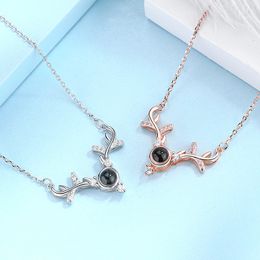 Deer Antlers Heart Pendant Necklace White Copper Gold Plated Memorial 100 languages I Love You Jewellery for Women Choker Valentine Gift