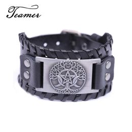 Charm Bracelets Teamer Brand Easy Buckle Wide Leather Tree Of Life Triple Moon Goddess Bracelet Pentagram Wiccan Amulet MTeen Bangle