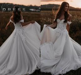 New Style Summer Garden Country Bohemian A Line Wedding Dresses Elegant Off Shoulder Appliqued Lace Top Ruched Tulle Long Boho Bridal Gowns Plus Size