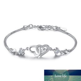 925 Sterling Silver Double Layer Heart Zircon Chain Bracelet For Women Valentines Gift S-B47