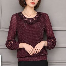 New Mesh Plus size Women clothing Lace Shirt Tops Hollow out basic female Elegant Long-sleeve Lace Blouses shirts 5XL 21302