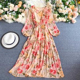 Bohemian Summer Women Chiffon Long Dress Long Sleeve High Waist Floral Print Beach Maxi Dresses 2020 New Robe Mujer Y0603