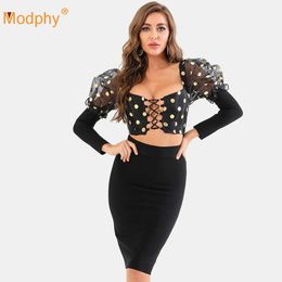 Spring Black Bodycon Bandage 2 Two-Piece Set Sexy Long Sleeve Hollow Polka Dot Short Top and Mini Skirt Women's Party 210527