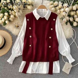 Women Two Pieces Set Spring White Long Sleeve Shirt Knitted Vest Office Lady Outfits Korean Suit 2 210601