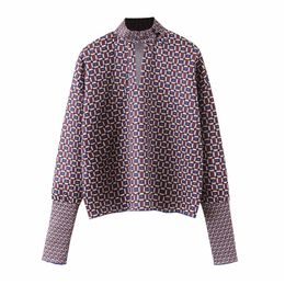 Vintage Geometric pattern print blouse lantern sleeve shirt female stylish office wear chic tops blusas 210308