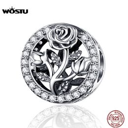 WOSTU Spring Flower Rose Beads 925 Sterling Silver Clear CZ Charm Fit Original Bracelet Pendant DIY Silver 925 Jewelry CQC1189 Q0531