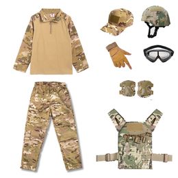 Camouflage Kid Child Uniform CS BDU Set Outdoor Sports Airsoft Gear Jungle Hunting Woodland Tactical Helmet Vest Cap Set Combat Children Clothing NO05-400