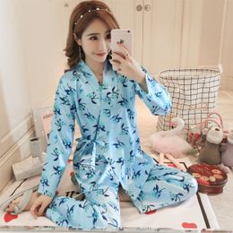 Long Sleeve Silk Pyjamas Set Kimono Style Print Sleepwear Autumn Casual Home Cloth Soft Comfortable