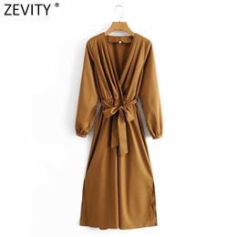 Zevity Women Vintage Pleats V Neck Solid Bow Tie Sashes Kimono Midi Dress Femme Long Sleeve Casual Slim Party Vestido DS4842 210603