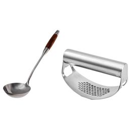 Spoons Long Soup Ladle, 304 Stainless Steel Large Kitchen Spoon & Garlic Press Ring