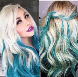 Ombre Blue body Wave lace front Wig For Women Long mix Blonde Hair Layered Heat Resistant Cosplay Party Synthetic Wigs