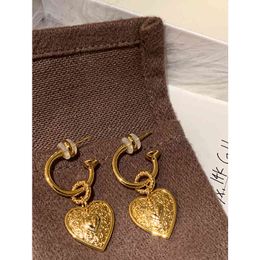 Brass With Gold Carved Heart Drop Earrings Womem Jewellery Punk Party Gown Runway rare Boucle Korean Japan INS Boho Top
