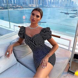 Lofia Black Red Polka Dot DrWomen Sexy Casual Puff Sleeves DrSummer Woman 2020 V Neck Vintage Dresses Retro Wrap Beach X0529