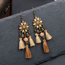 Retro Tassel Flower Dangle Earrings For Women Girls Bohemian Drop Oil Alloy Earrings Female Ethnic Fringe Hair Ball Wooden Bead Earring