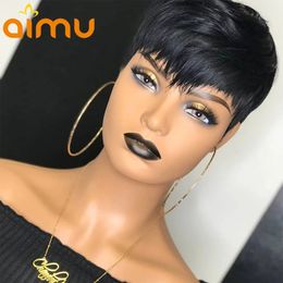 Brazilian wavy Short Human Hair Wig For Black Women natural Colour /ombe blonde Pixie Cut lace front Wig with bangs