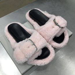 Fluffy Slippers Warm Lambswool Women Buckle Lndoor Fashion Floor Slides Flat Soft Furry Ladies Female Celebrities Flip Flops 854 328