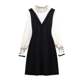 PERHAPS U Women Black White Patchwork High Neck Knitted Long Sleeve Buttun A Line Elegant Mini Dress D2062 210529