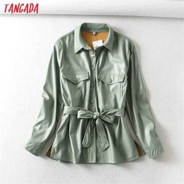 Tangada Women Light Green Faux Leather Jacket Coat with BeltLadies Long Sleeve Loose Oversize Boy Friend Coat 6A125 211112