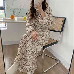 Leopard Chiffon Women's A-line Sweet Elegance Animal Printed Stylish Full Sleeves Chic Slim Spring Dress 210525