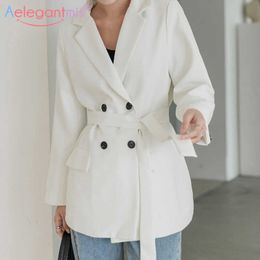 Aelegantmis Korean Solid Blazer Jacket Women with Belt Casual Office Lady Pockets Suit Coat Loose Business Blazers Outerwear OL 210607