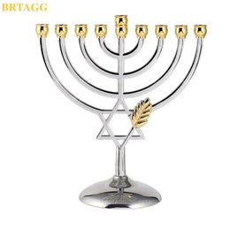 BRTAGG Hanukkah Menorah Silver Colour Full Size Non Tarnish - Je 9 Branch Candlestick Candle Holders Crismas Holy Land Gift 210811