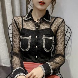 Fashion Woman Blouses Sexy Hollow Lace Blouse Shirt Turn Down Collar Black Blouse Women Tops Long Sleeve Blouse Women C558 210602