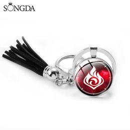 Genshin Impact Keychain Game Cosplay Prop Eye of God Keyring Water Wind Thunder Fire Rock Ice Element Leather Tassel Key Chain Y0728