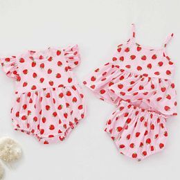 Summer New Baby Girls Dress Strawberry Print Toddler Kids Sister Clothing Baby Romper 0-4 yrs Birthday Party Princess Dress Q0716