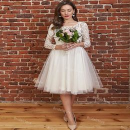 Bohemian Style Short Wedding Dresses With Lace Sleeves O Neck Knee Length Tulle A Line Beach Wedding Dress 2021 With Cream Sash Bridal