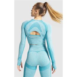 Seamless Sport Set Women Blue Two Piece 2PCS Crop Top T-Shirt Leggigngs Workout Outfit Fitness Gym Suit Wear Yoga Sets 210813