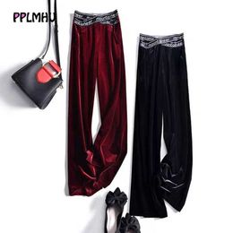 Casual Cross Letter Pattern elastic Waist Wide-Leg Pants Women Harajuku Gold Velvet Baggy Pants Autumn High Waist Sweatpants Q0801