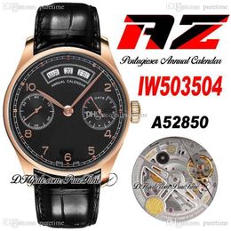 AZF IW50350 Annual Calendar Power Reserve A52850 Automatic Mens Watch 18K Rose Gold Black Dial Number Markers Leather Strap Super Edition Puretime j10