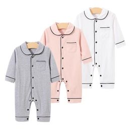Wholesale 0-24M Newborn Jumpsuit Baby Clothes Spring Toddler Costume Boys Girls Solid long home wear Romper Pure Cotton Pyjamas 210309
