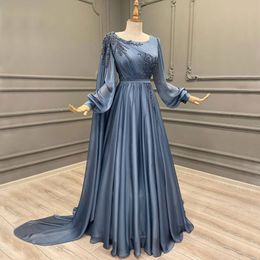 Dust Blue Muslim Beading Evening Dresses Bateau Neck Long Sleeves A Line Prom Gowns Sweep Train Chiffon Pleated Formal Dress