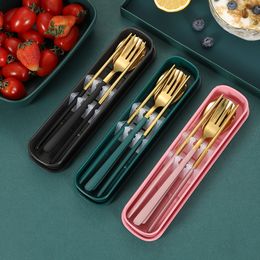 Portable Tableware 304 Stainless Steel Dinnerware Set Eco Friendly Kitchen Accessories Golden Fork Spoon Chopsticks Cutlery Sets With Case