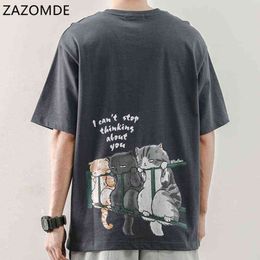 ZAZOMDE 2021 Man Shirt Casual Tshirt Homme O Neck Boys Clothes Summer Top Tees Kitten print T Shirt Funny Male Casual Tees G1229