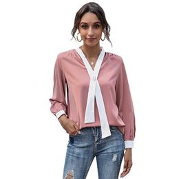 Women Chiffon Blouse Casual V-Neck Bow Tie Patchwork Long Sleeve Office Lady Shirt Autumn Spring Fashion Pink Femme Blusa 210526