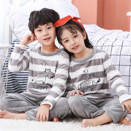 Children Long Sleeve Warm Flannel Pyjamas Winter Boy Girl Sleepwear Cartoon Baby Nightwear Gift Kids Lovely Pyjamas Set 211023