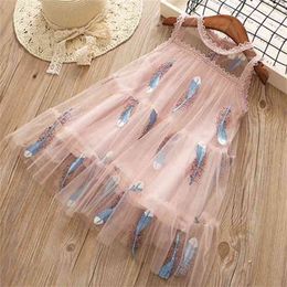 Summer Kid Clothes Girls Dress Korean Style Mesh Feather Embroidery Sleeveless 210528