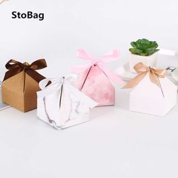 StoBag 20pcs 7*7*3.5cm Diamond Shape Box Wedding Birthday Candy Chocolate Packaging Marble Event Favour With Ribbon Gift 210602